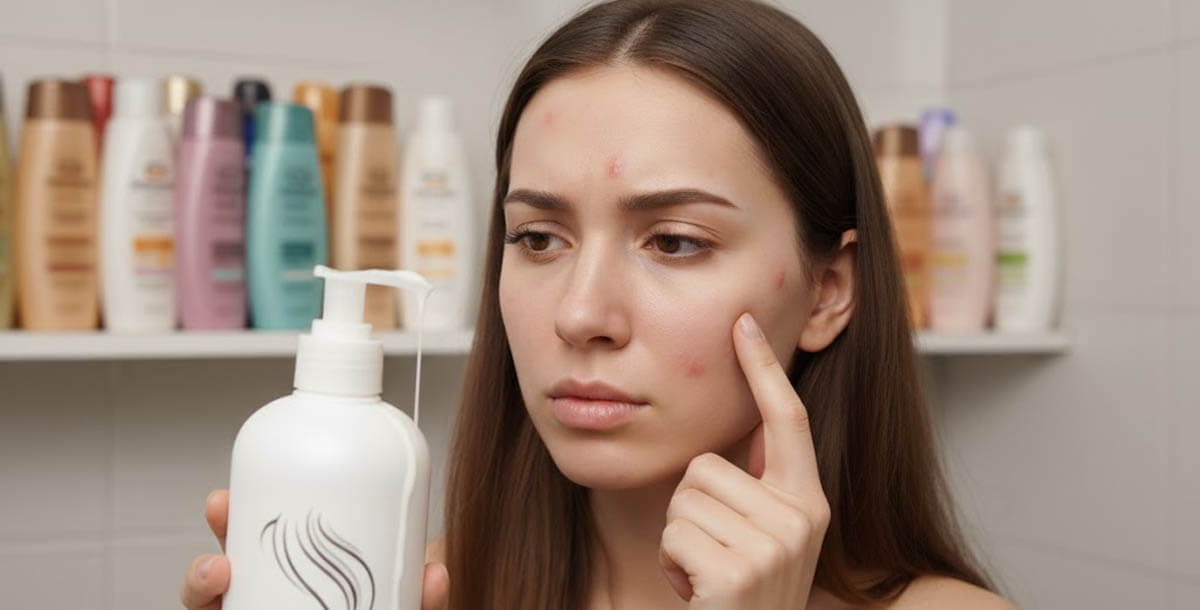 Woman washing hair with shampoo causing facial breakouts