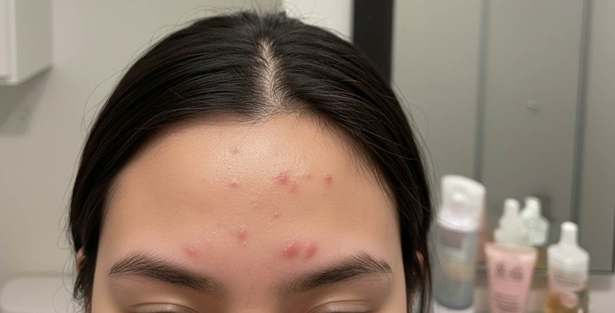 Woman with persistent hairline acne and forehead breakouts