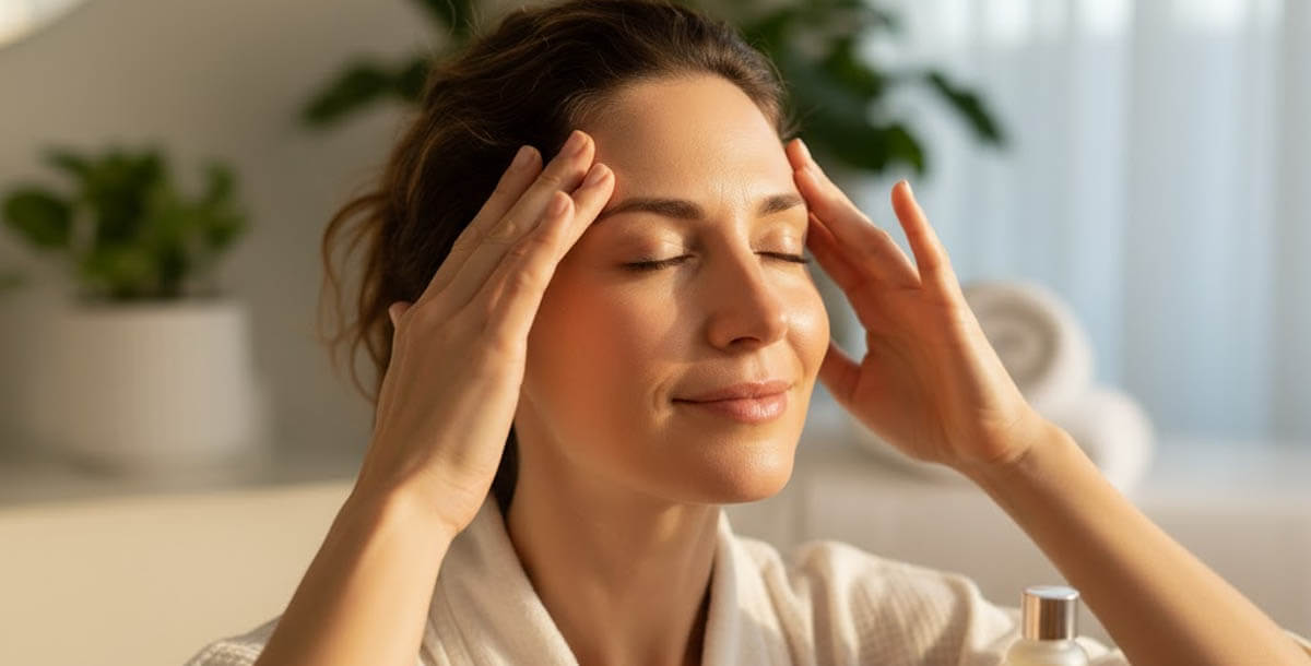 Woman performing scalp massage technique for wrinkle reduction