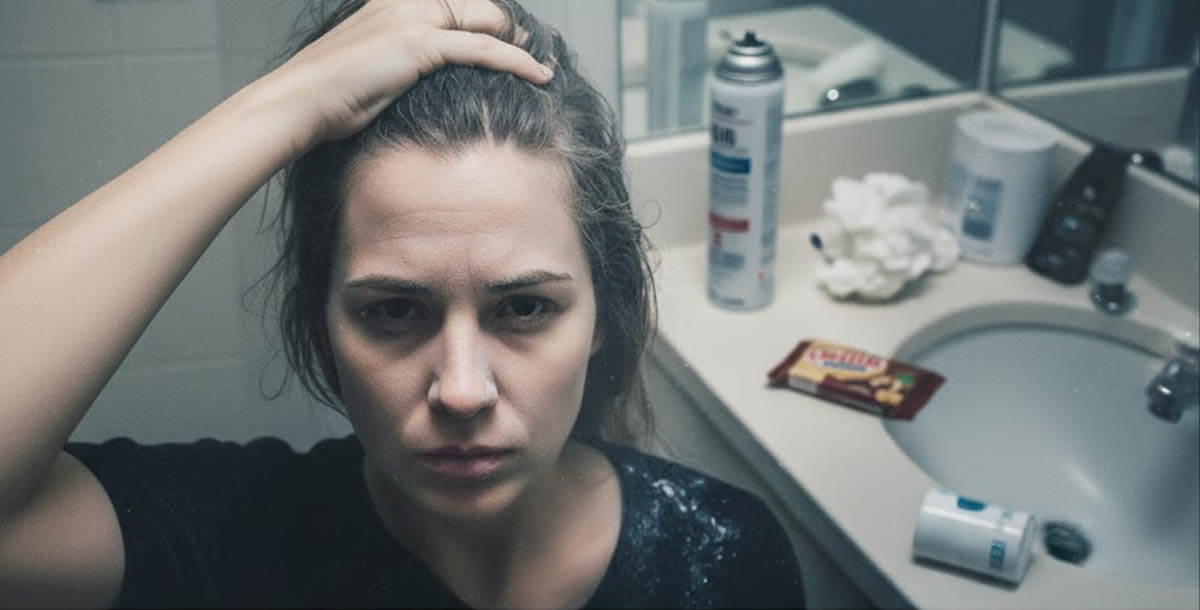 Woman applying dry shampoo affecting facial skin