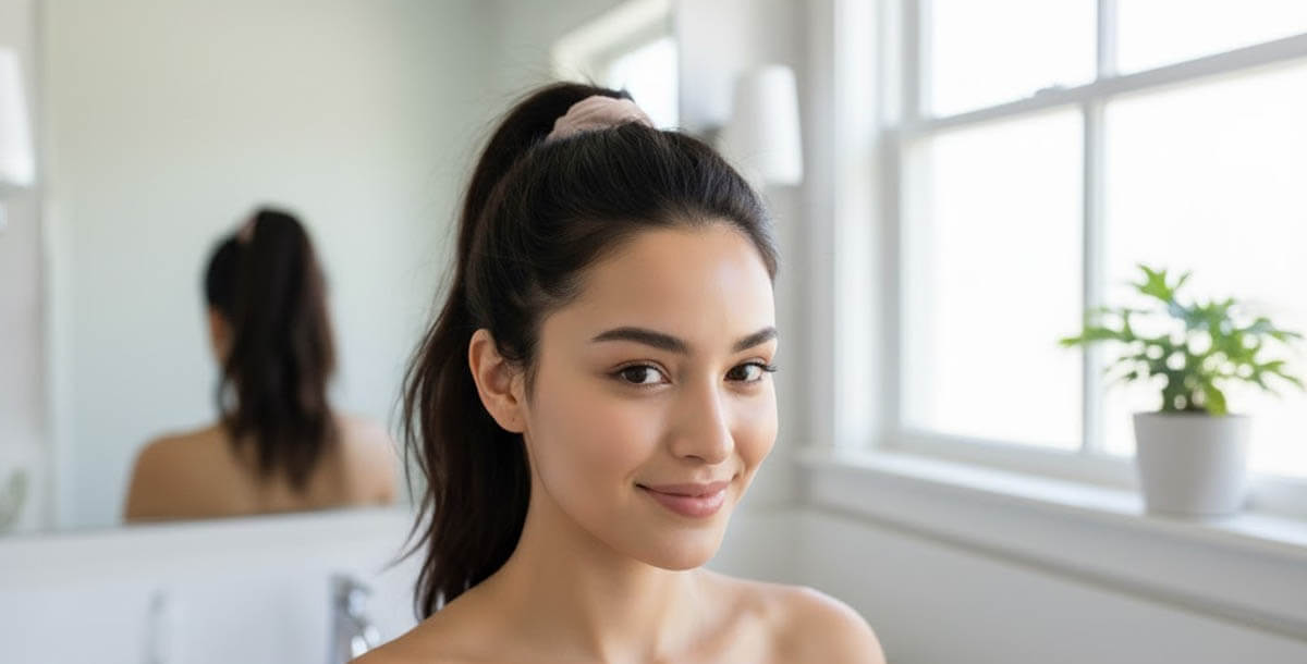 Woman using proper hair tie technique to prevent forehead wrinkles