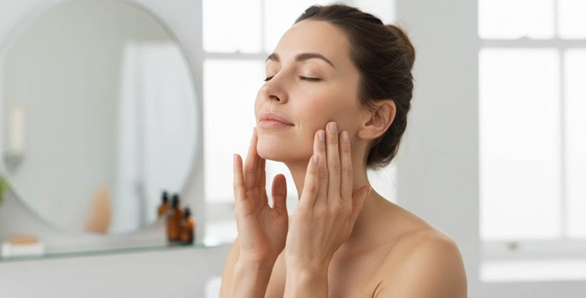 Woman performing daily face massage for jowl lifting