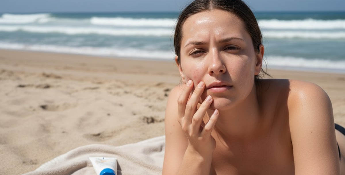 Woman applying sunscreen that causes breakouts