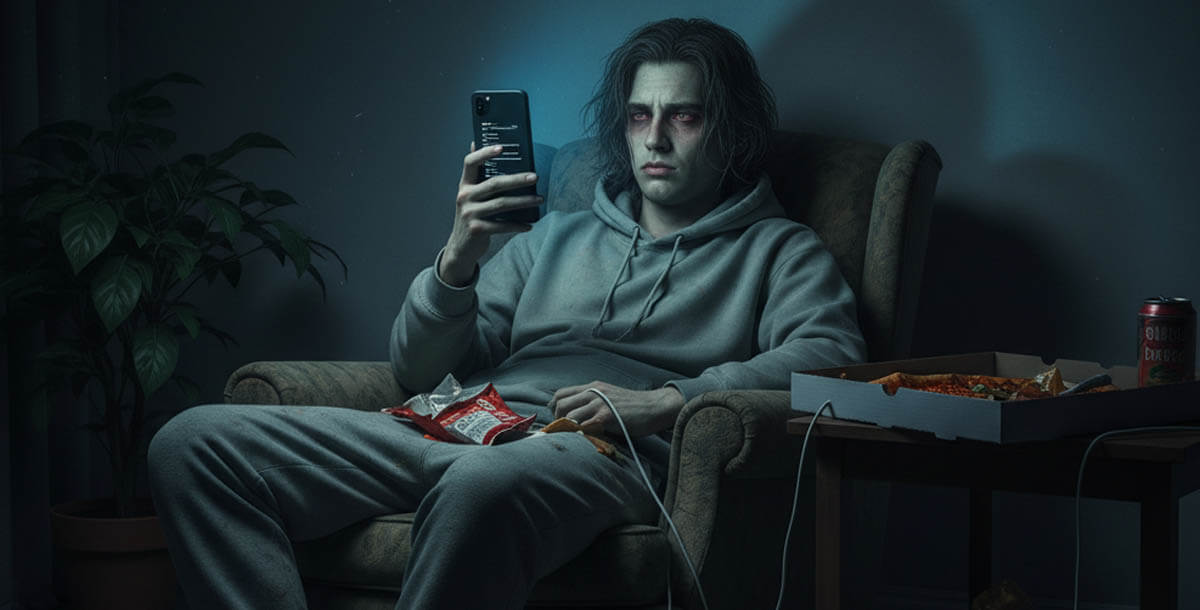 Woman staying up late looking at phone in bed