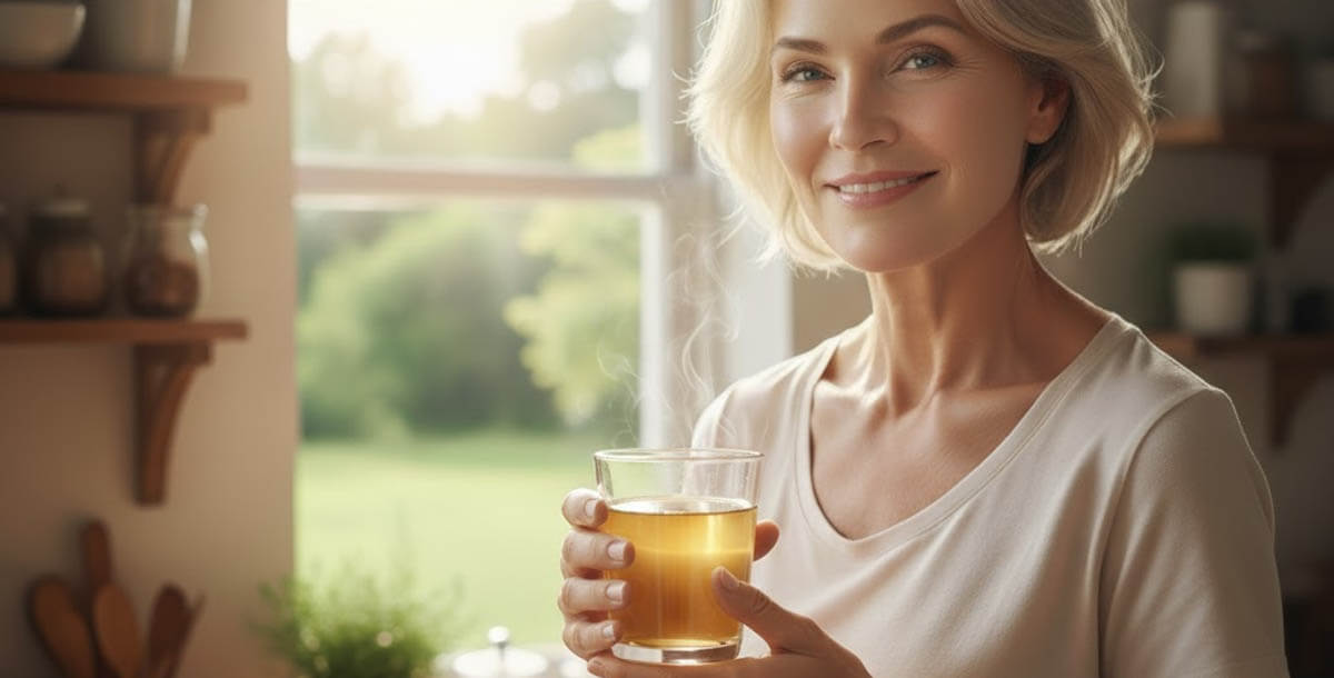 Woman drinking morning beverage for wrinkle reduction