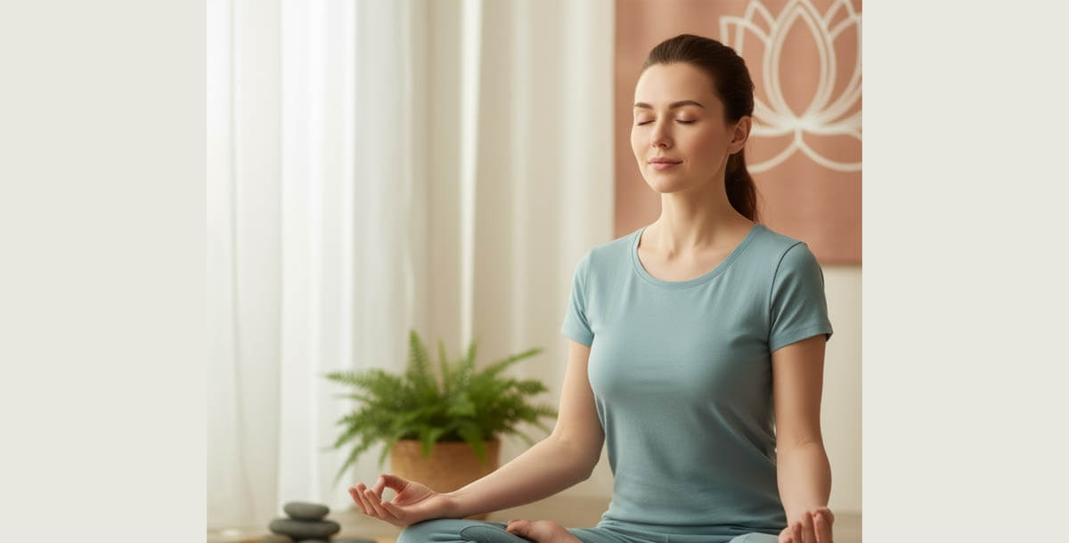 Woman meditating for skin health and wrinkle reduction